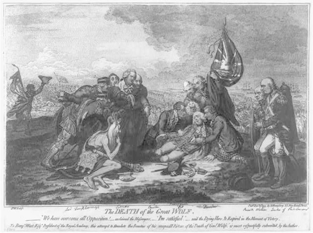 Ein Schwarz-Weiß-Bild, das eine Szene mit stehenden, sitzenden und einer liegenden Person zeigt, mit zwei Personen, die Fahnen halten, einer Person, die läuft, und Häusern und Bäumen im Hintergrund.