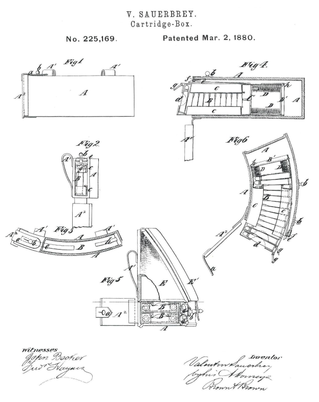 Ein detailliertes technisches Konstruktionsbild einer Maschine mit mehreren Komponenten, einschließlich einer Patronenkasten-Patentzeichnung aus dem Jahr 1880, begleitet von erklärendem Text.