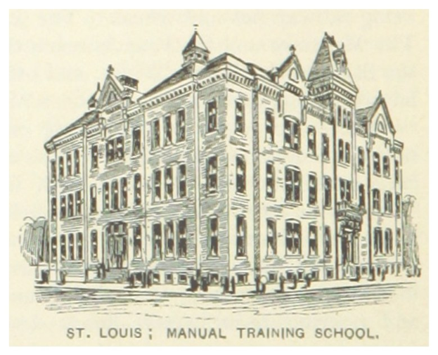 Eine Zeichnung der St. Louis Manual Training School mit mehreren Personen davor und Text unten.