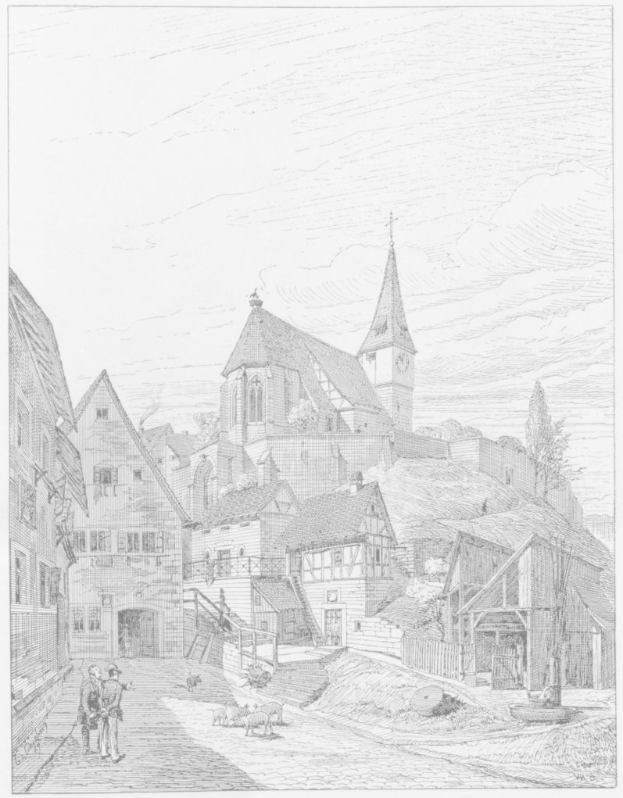 Schwarz-weiß-Zeichnung einer Straßenszene in Heidelberg, Deutschland, mit einer Kirche im Hintergrund und umgeben von Gebäuden, Menschen, Tieren, Bäumen und Himmel, mit der Bildunterschrift "Die Kirche der Heiligen Dreifaltigkeit im alten Stadtzentrum von Heidelberg, Deutschland" unten.