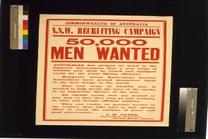 Plakat mit fetter schwarzer Schrift, die "N.S.W. Recruiting Campaign 50,000 Men Wanted" auf einem weißen Hintergrund zeigt, in Schwarz gerahmt.