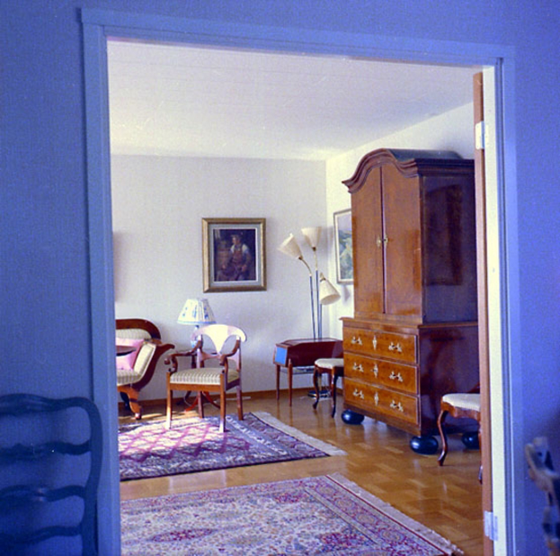 Ein gemütliches Wohnzimmer mit Teppichboden, Stühlen, Tischen, Lampen, einem Schrank und einem Foto auf der Wand.