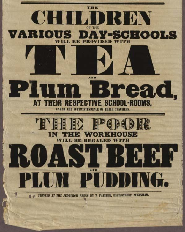 Ein Blatt mit dem Text "Die Kinder der verschiedenen Tagesschulen werden mit Tee, Pflaumenbrot und Rindfleisch und Pflaumenpudding versorgt."