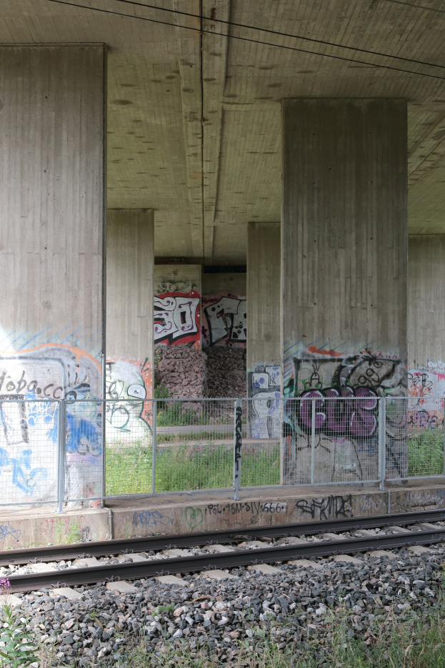 Eisenbahnschiene mit Graffiti an der Seite, von Steinen, Gras, einem Zaun, Säulen, Drähten und einem Dach umgeben.