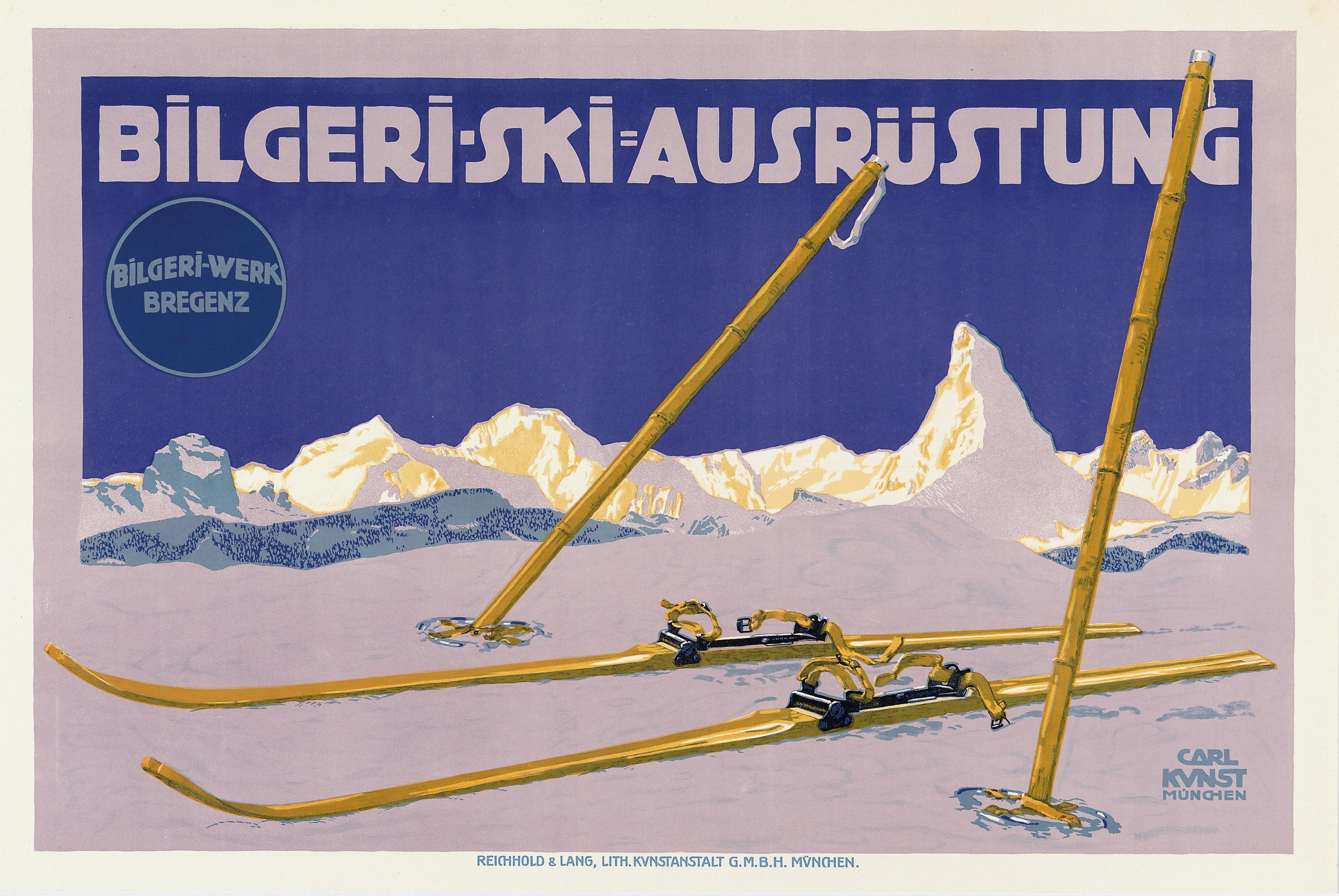 Plakat, das eine Skiresort in den Schweizer Alpen bewirbt, mit Skiern im Vordergrund und schneebedeckten Bergen im Hintergrund sowie Text mit Resort-Informationen.