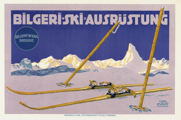 Plakat, das eine Skiresort in den Schweizer Alpen bewirbt, mit Skiern im Vordergrund und schneebedeckten Bergen im Hintergrund sowie Text mit Resort-Informationen.