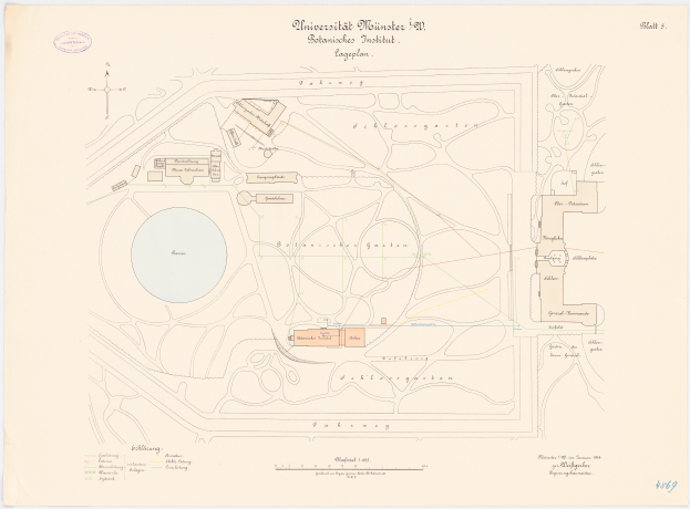 Eine detaillierte Karte von Berlin, Deutschland, mit der Universität Münster in der Mitte, die Gebäude, Straßen und andere Merkmale zeigt, zusammen mit Text, der Informationen zur Größe, Lage und Ausstattung der Universität enthält.
