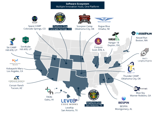 Eine Karte der Vereinigten Staaten mit Logos verschiedener Unternehmen im Software-Ökosystem, die Details über die Unternehmen und ihre Standorte bereitstellen.
