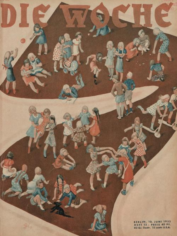 Deutsches Magazin-Cover aus Juni 1933 mit dem Titel 'Die Woche', das eine Gruppe lachender Kinder zeigt, die in einem Kreis spielen