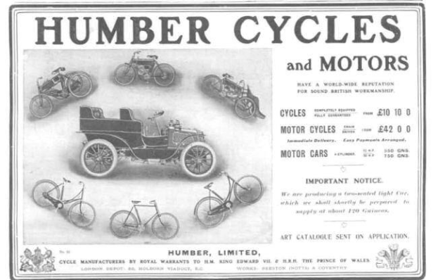 Anzeigetafel für Humber Cycles and Motors mit verschiedenen Fahrzeugen und Fahrrädern und beschreibendem Text.