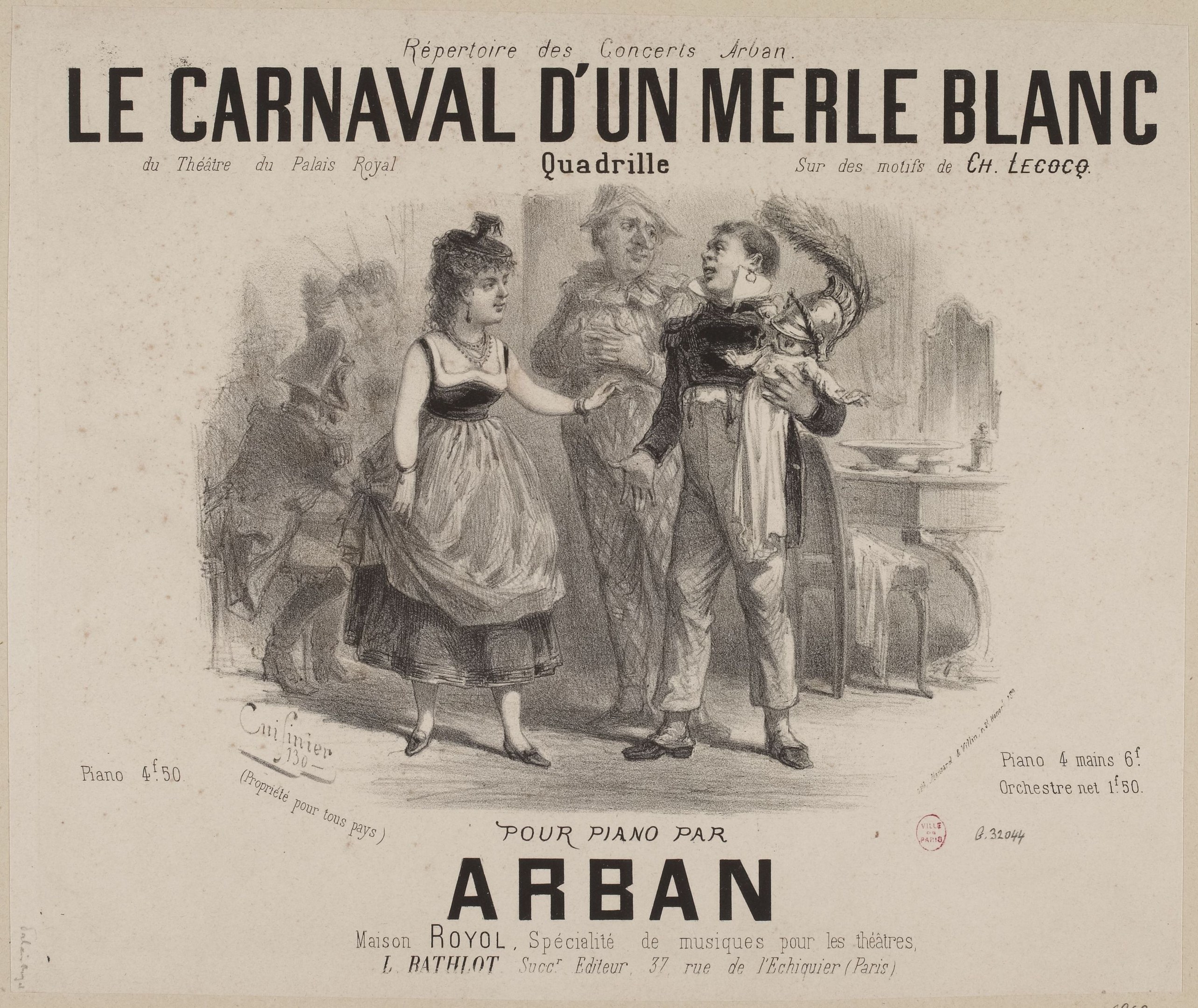 Eine Zeichnung eines Mannes und einer Frau in traditioneller Kleidung vor einer Karnevals Szenerie, beschriftet mit "le carnaval d'un merle blanc."