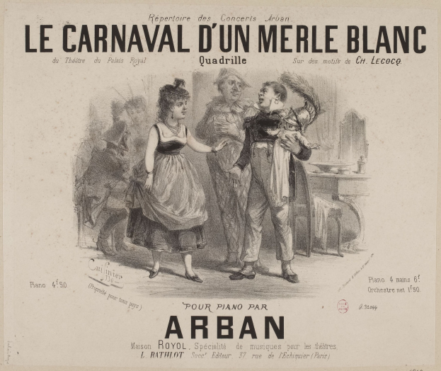 Eine Zeichnung eines Mannes und einer Frau in traditioneller Kleidung vor einer Karnevals Szenerie, beschriftet mit "le carnaval d'un merle blanc."