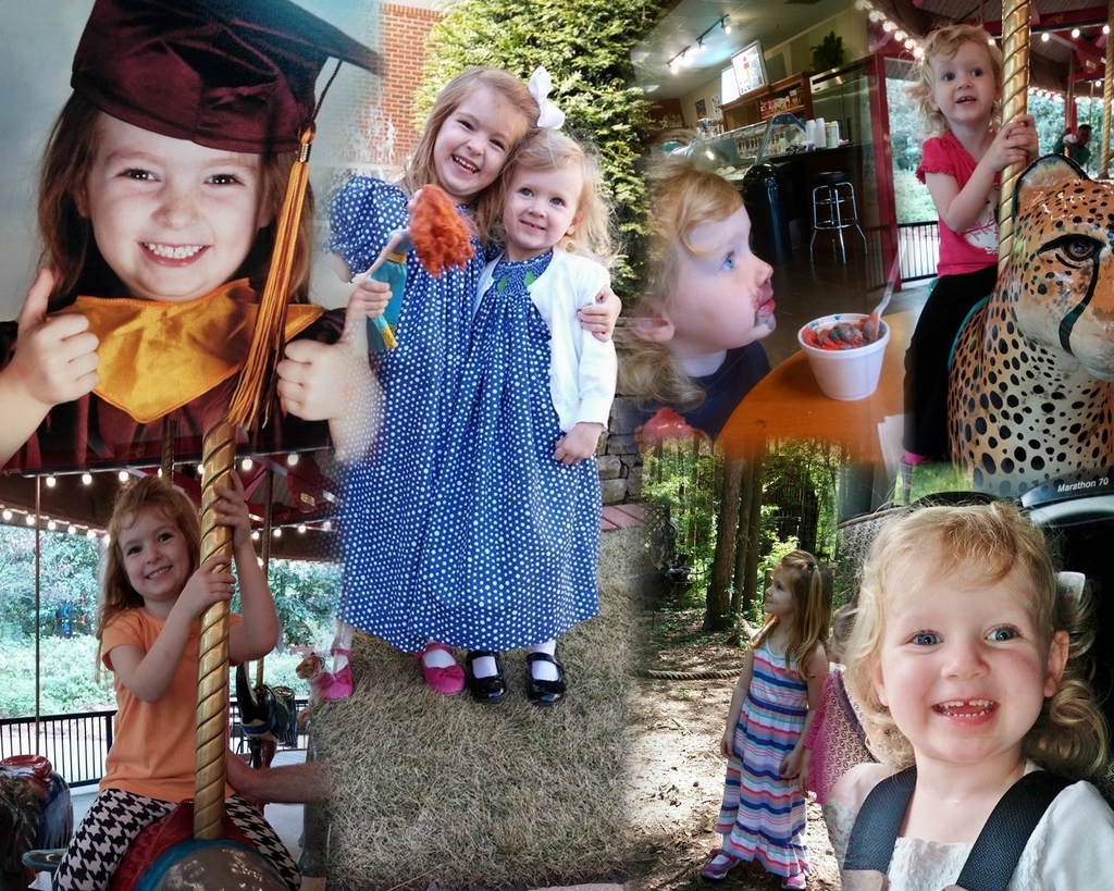 Eine Collage mit Vergnügungspark-Fahrgeschäften, einem Tisch mit Essensgegenständen einschließlich eines Bechers und Löffels, verschiedenen Gegenständen, Lichtern, einer Wand, Büschen, Bäumen, Gras, einem Seil und einem Hut.