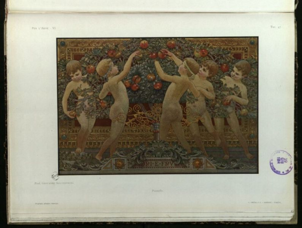 Ein Buchumschlag mit einem leuchtenden Gemälde von Kindern in bunten Kleidern, die strahlend Äpfel gegen einen schwarzen Hintergrund spielen.