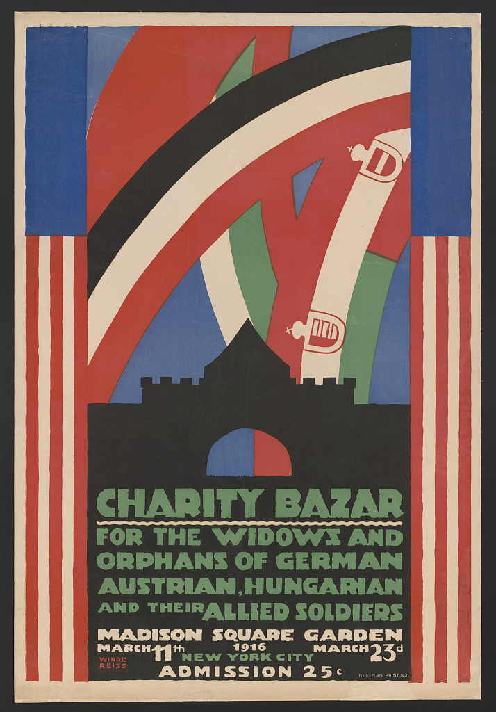 Ein Plakat für einen Wohltätigkeitsbasar zugunsten der Witwen und Waisen von Soldaten verschiedener Nationen, mit Text zu den Ereignissen.