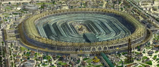 Luftaufnahme eines großen Stadions umgeben von Gebäuden, Bäumen und Gras in einer Stadt.