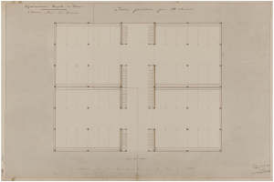 Schwarz-weißes Architekturzeichnung eines 18. Jahrhundert-Gebäudes erster Stock mit zahlreichen Fenstern und handschriftlichen Anmerkungen.