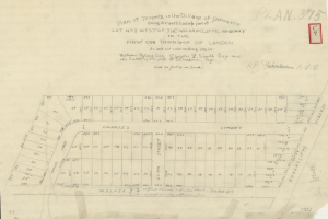 Eine handgezeichnete Karte auf Papier, die die Straßen, Gebäude, Parks und Sehenswürdigkeiten der Stadt zeigt, mit begleitendem Text.