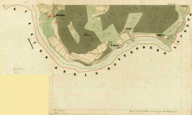 Detailierte alte Karte von Freien, Deutschland, zeigt Straßen, Gebäude und Sehenswürdigkeiten mit begleitendem Text über Bevölkerung, Lage und Geschichte.