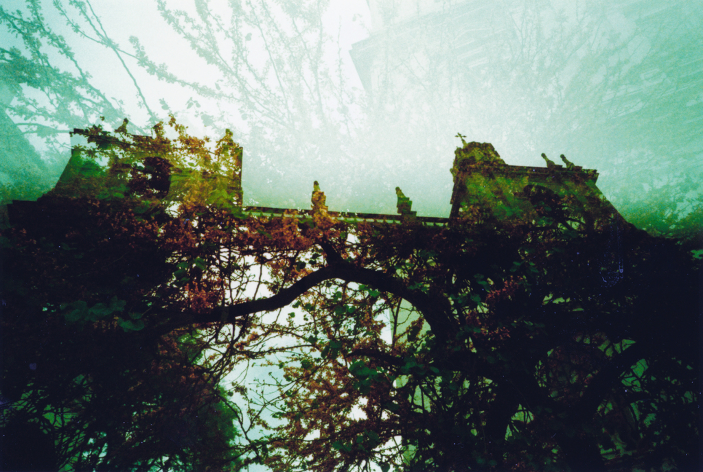 Baeume in der N√§he eines historischen Geb√§udes mit einer Br√╝cke.