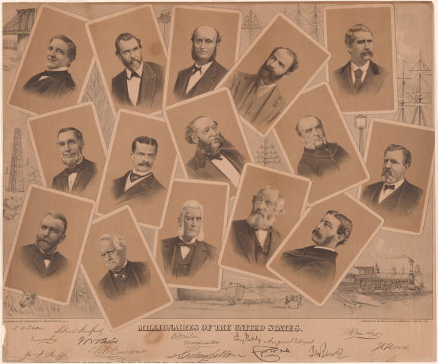 Eine Gruppe von Männern in Anzügen und Krawatten verschiedenen Alters mit der Aufschrift "Millionäre der Vereinigten Staaten" in fetter schwarzer Schrift am unteren Rand vor einem hellblauen Hintergrund.