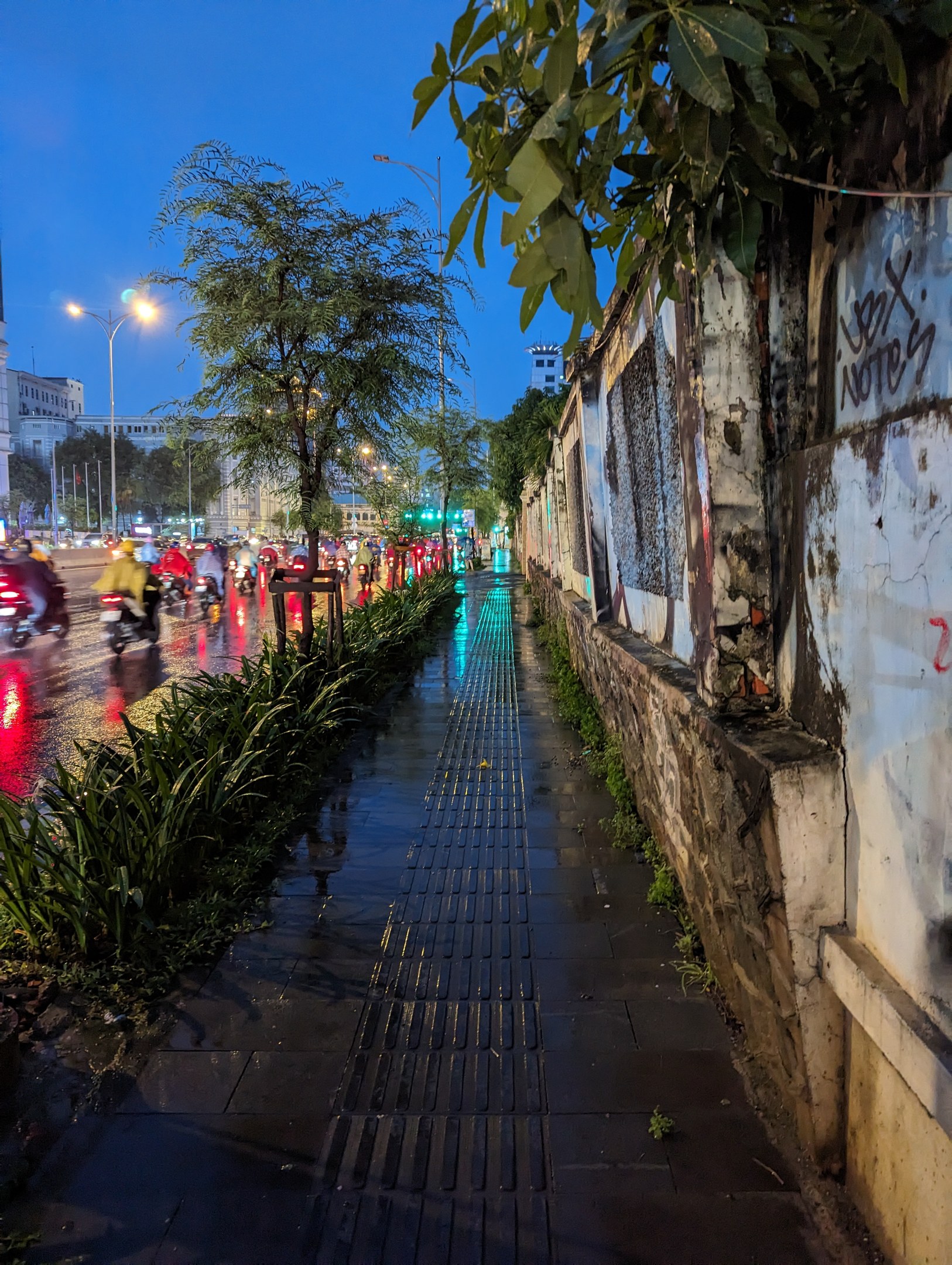 Eine nächtliche Stadtstraße mit Graffiti an der Seite, beleuchtet von Straßenlaternen, mit fahrenden Kraftfahrzeugen, Bäumen, Pflanzen, Gebäuden und einem sternenklaren Himmel im Hintergrund.