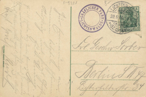 Alte Postkarte mit einer Briefmarke, die "Lichtenwald, Deutschland - Einschreiben nach Deutschland" trägt, mit handgeschriebenem Text und zwei zusätzlichen Briefmarken in der oberen rechten Ecke.