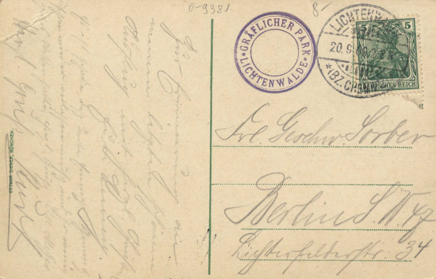 Alte Postkarte mit einer Briefmarke, die "Lichtenwald, Deutschland - Einschreiben nach Deutschland" trägt, mit handgeschriebenem Text und zwei zusätzlichen Briefmarken in der oberen rechten Ecke.