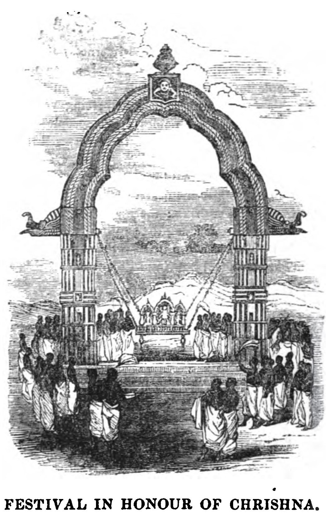 Schwarzes und weißes Zeichnung eines Festes zu Ehren von Krishna mit einem zentralen Bogen und Menschen drumherum und Text unten.