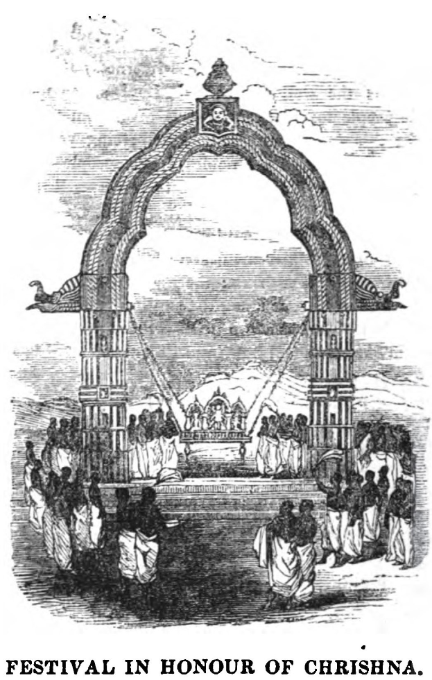 Schwarzes und weißes Zeichnung eines Festes zu Ehren von Krishna mit einem zentralen Bogen und Menschen drumherum und Text unten.