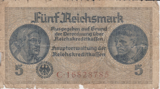Alte deutsche 5 Reichsmark-Banknote mit Porträt eines Mannes, ausgestellt von Deutschland.