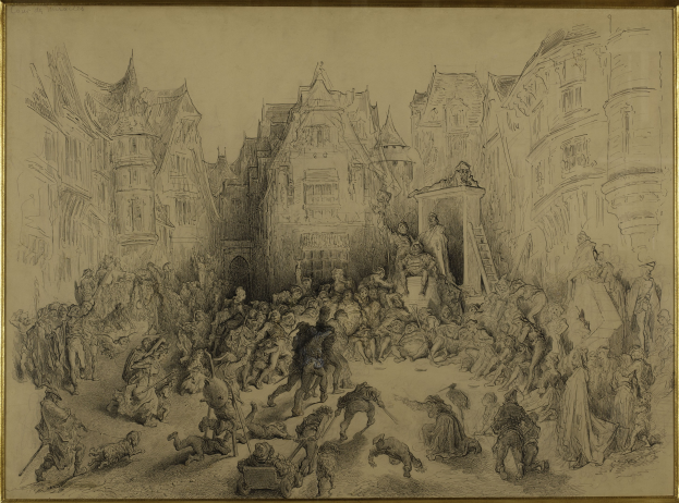 Eine Zeichnung einer Menschenmenge auf einer Stadtstraße, die in einem Foto Rahmen eingefasst ist, mit Gebäuden im Hintergrund.