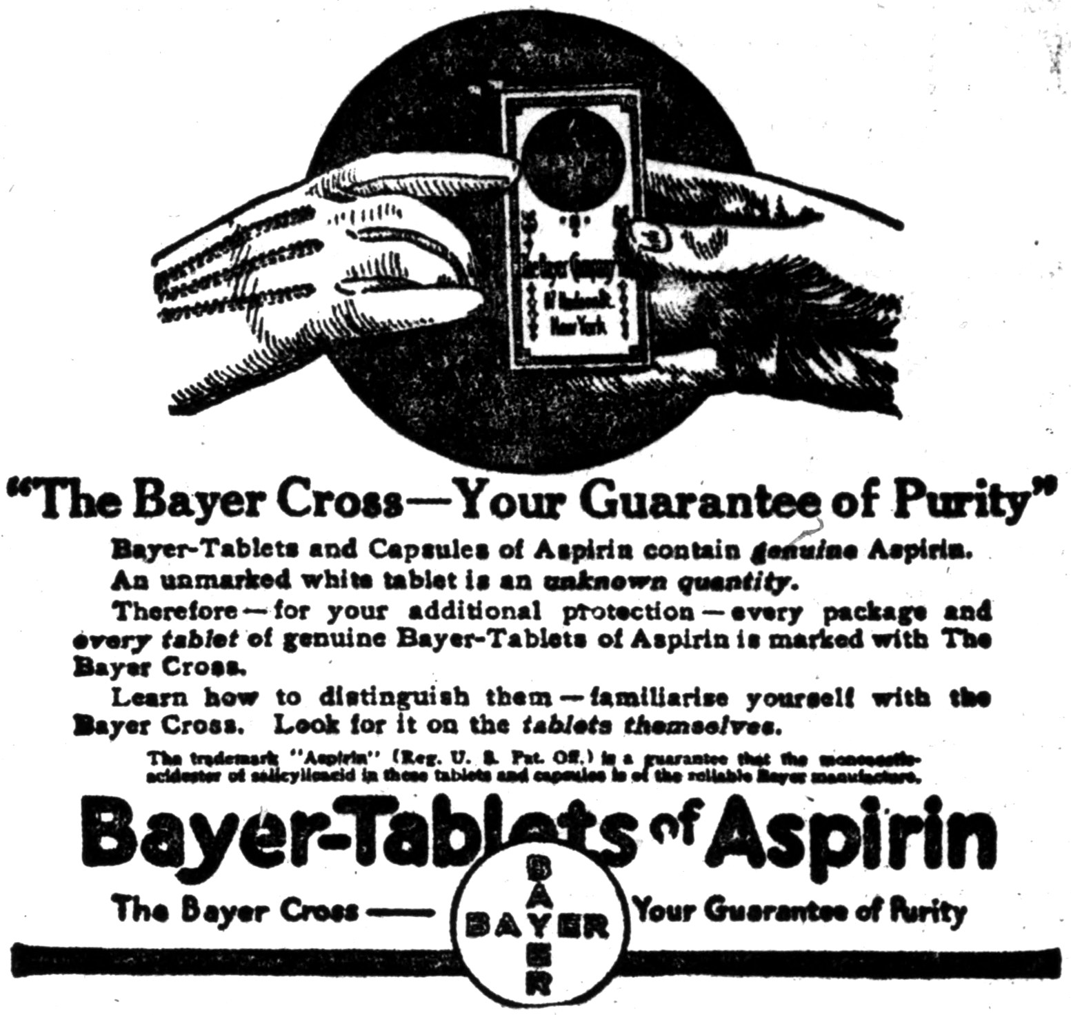 Plakat mit einem Schwarz-Weiß-Bild einer Hand, die Bayer-Aspirin-Tabletten hält, und dem Text "Das Bayer-Kreuz - Ihre Garantie für Reinheit" darunter.