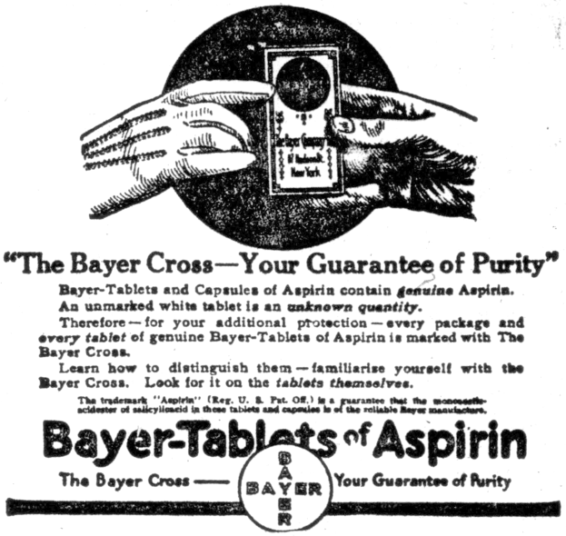 Plakat mit einem Schwarz-Weiß-Bild einer Hand, die Bayer-Aspirin-Tabletten hält, und dem Text "Das Bayer-Kreuz - Ihre Garantie für Reinheit" darunter.
