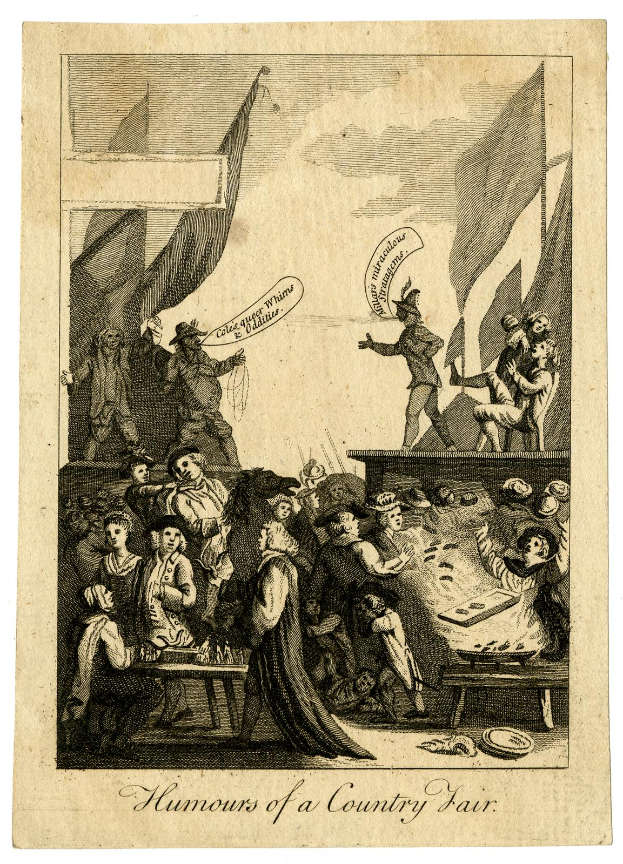 Eine Gruppe von Menschen sitzt an einem Tisch und lacht, während im Hintergrund Fahnen wehen und unten ein Text steht, der "Lustigkeiten auf dem Land" lautet.