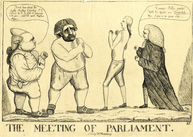 Eine handgezeichnete Abbildung von drei Personen, die stehen und diskutieren, mit einer Person, die animiert gestikuliert, mit der ├ťberschrift "Die Parlamentssitzung" darunter.