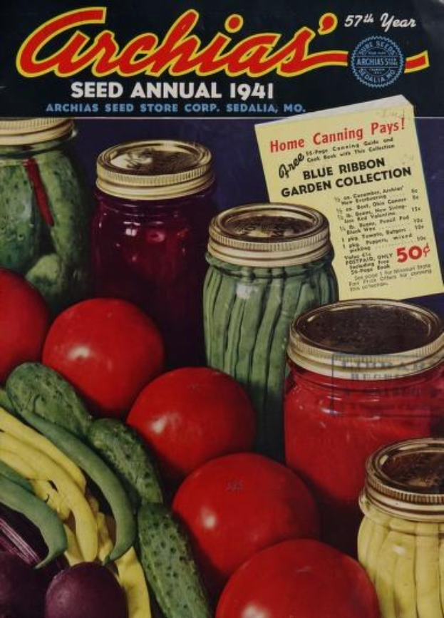 Ein Buch mit dem Titel "Archias Saatgut-Jahrbuch 1941" mit einem Cover, das Tomaten, Gurken, Paprika und bunte Gemüse in Gläsern zeigt, alles in fetter Schrift.