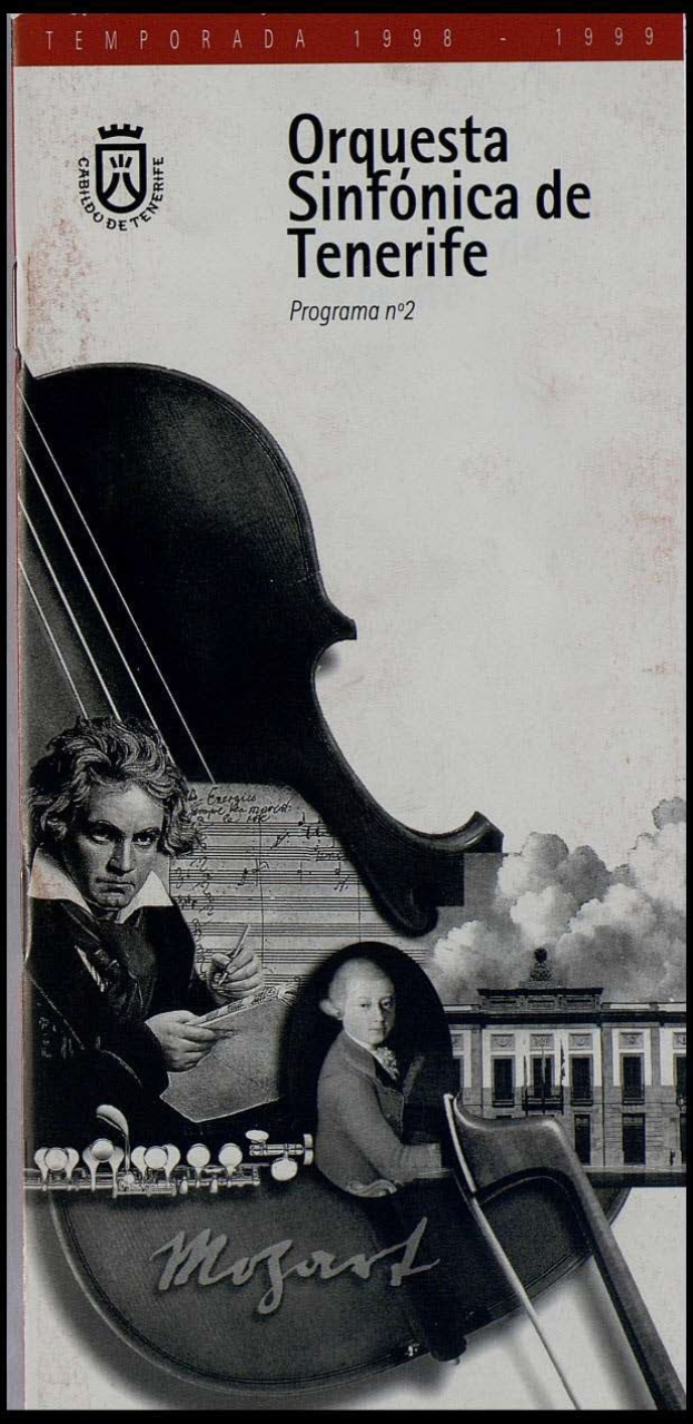 Plakat für Mozarts Symphonie Nr. 2 in D-Moll, Op. 63, das zwei Geiger im Vordergrund und ein Gebäude im Hintergrund zeigt, mit der Aufschrift "Orquesta Sinfónica de Tenerife Programa Nº 2".