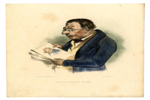 Ein Mann im Anzug und Krawatte liest eine Zeitung mit sichtbarem Text, trägt eine Brille und zeigt einen ernsten Gesichtsausdruck.