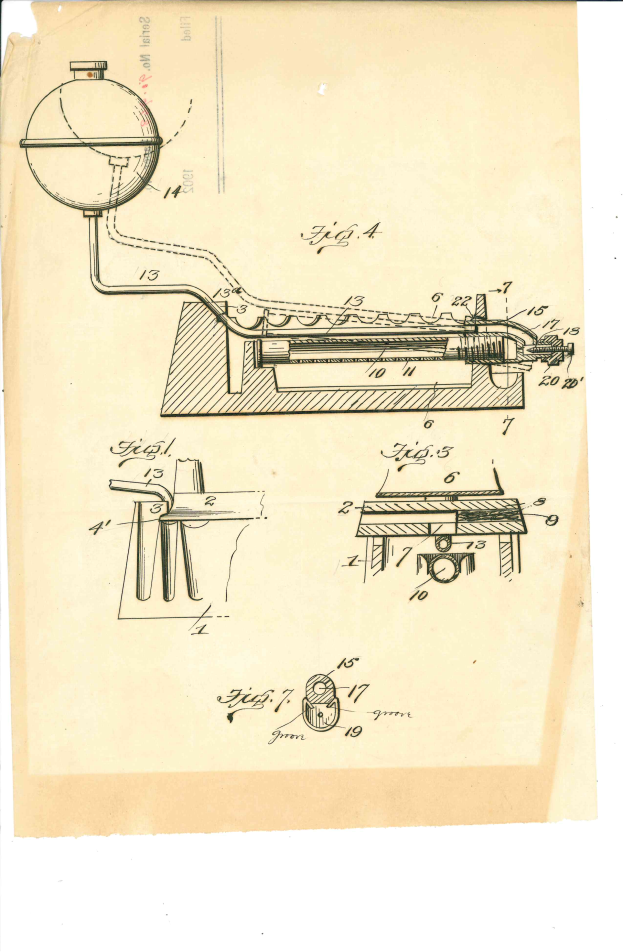 Eine Schwarz-Weiß-Zeichnung einer Maschine mit einer Kugel darauf auf einem Blatt Papier mit Text, aus einem Patent aus dem frühen 20. Jahrhundert.