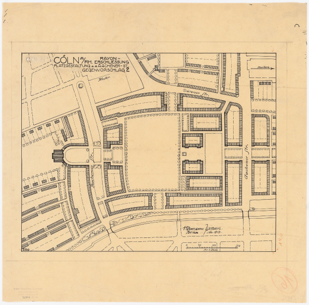 Alte Karte von Köln, Deutschland, die ein detailliertes Gebäudeplan mit handgeschriebenen Textanmerkungen auf altem Papier zeigt.