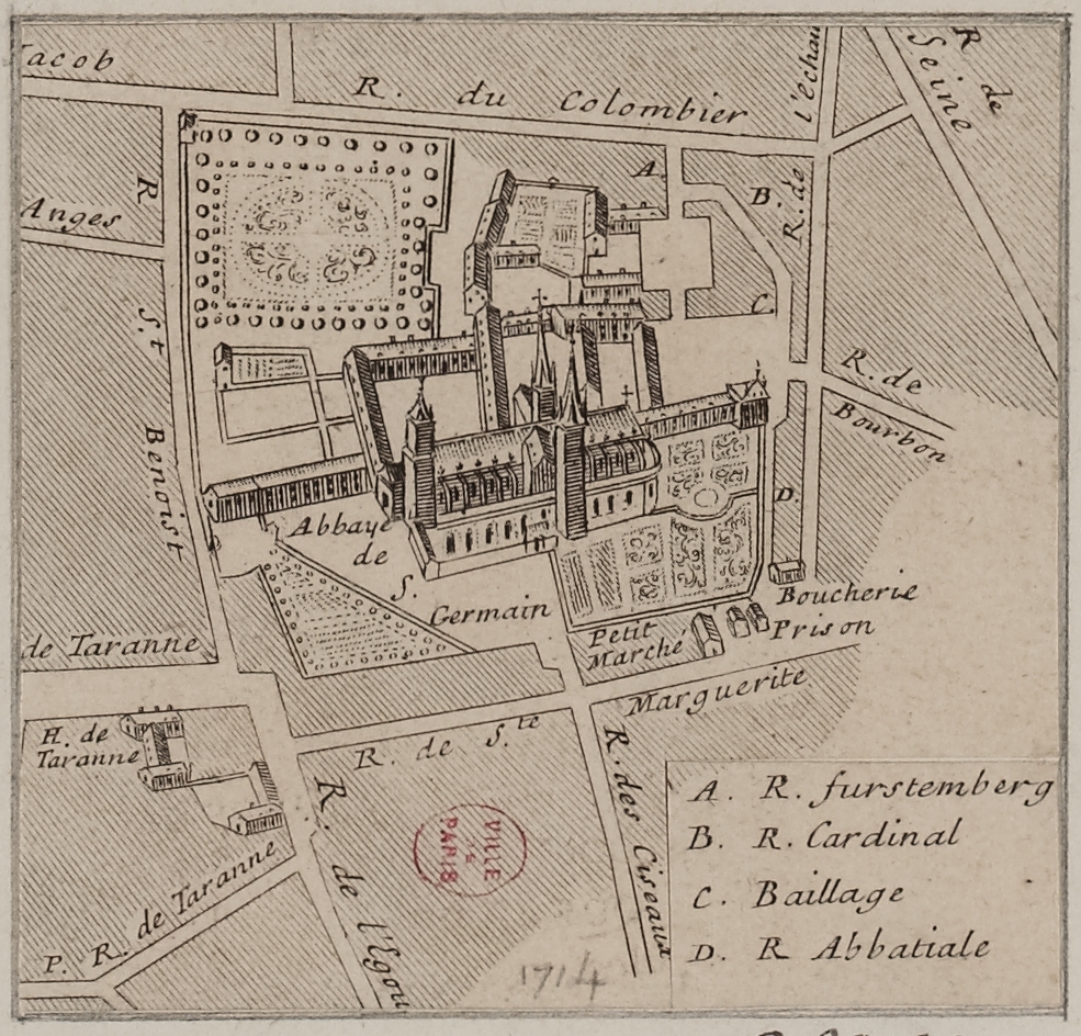Ein altes Stadtplan von einer Stadt mit einem zentralen Gebäude und beschreibendem Text auf dem Papier.