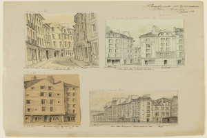 Eine detaillierte Abbildung einer Stadtstraße mit verschiedenen einzigartig gestalteten Gebäuden, begleitet von beschreibendem Text.