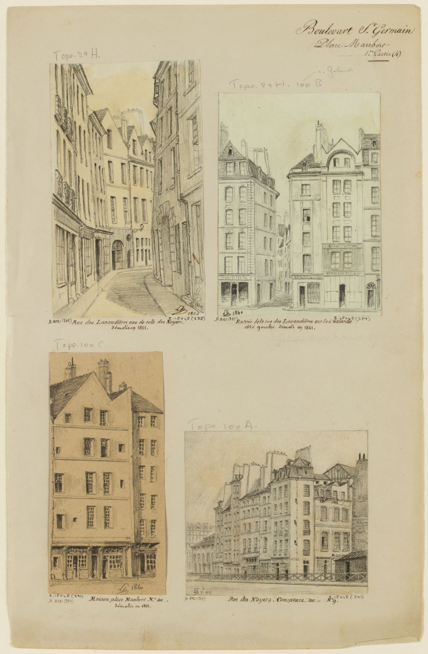 Eine detaillierte Abbildung einer Stadtstraße mit verschiedenen einzigartig gestalteten Gebäuden, begleitet von beschreibendem Text.