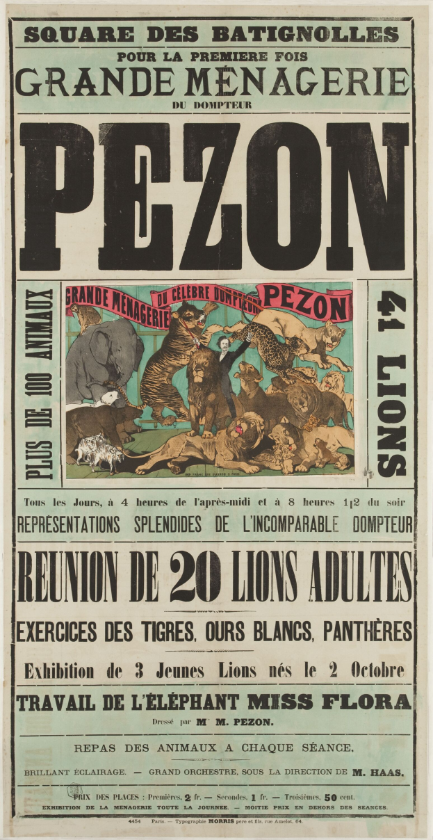 Ein altes Zirkusposter mit einem Löwen, einer Giraffe, einem Zebra und einem Flusspferd.