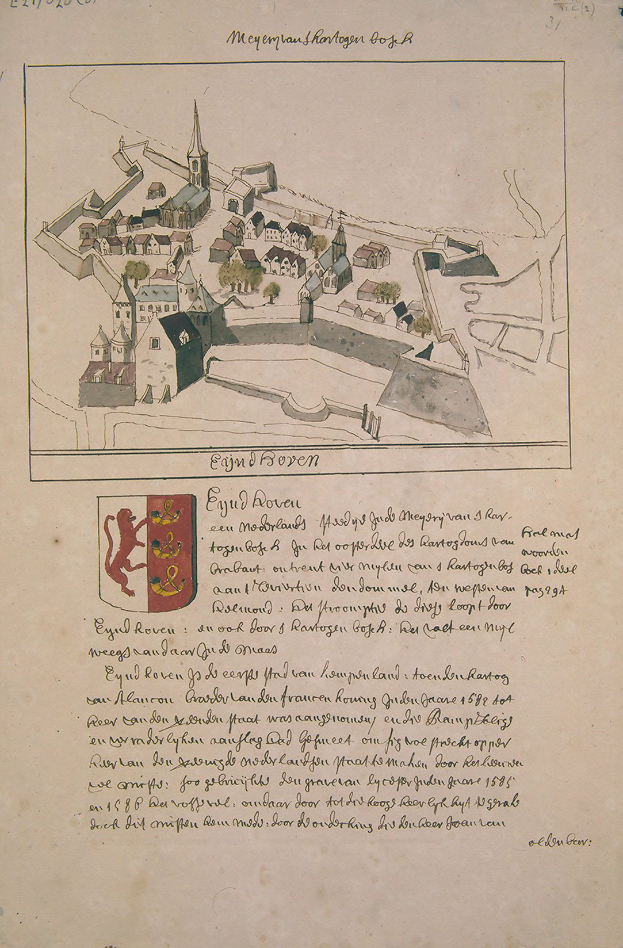 Ein altes Buch mit einer Zeichnung einer Stadt mit einigen Gebäuden und einem Logo, mit Text, der weitere Details zur Stadt enthält.