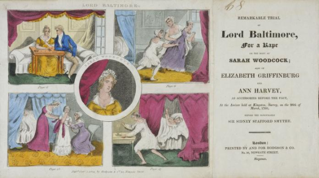 Ein historisches Dokument, das den Prozess von Lord Baltimore gegen die Vergewaltigung von Sarah Woodcock und Elizabeth Griffinburg zeigt, mit Illustrationen von Menschen, Vorhängen und Text.