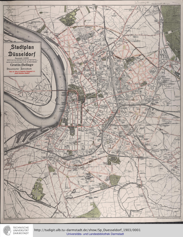 Ein detailliertes altes Stadtplan von Düsseldorf, Deutschland, der Straßen, Gebäude und Sehenswürdigkeiten mit Texten zeigt.