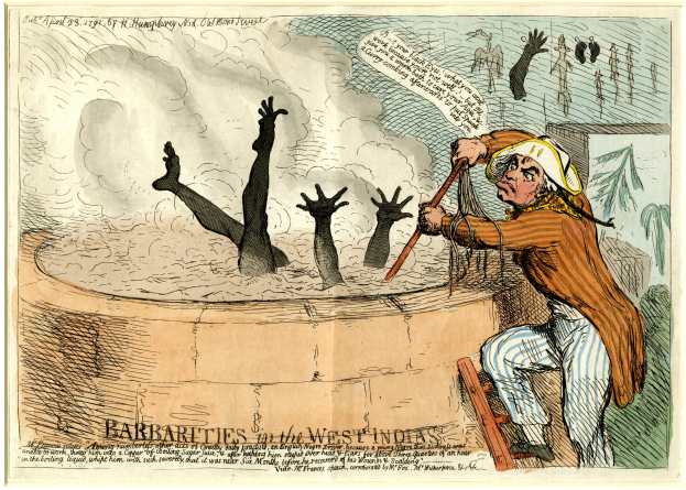 Eine Karikatur eines Mannes, der auf einem Stuhl sitzt und einen Stock hält, vor einer Wand und einer Gruppe von Menschen im Hintergrund; unten steht 'Barbaritäten in den Westindischen Inseln'.