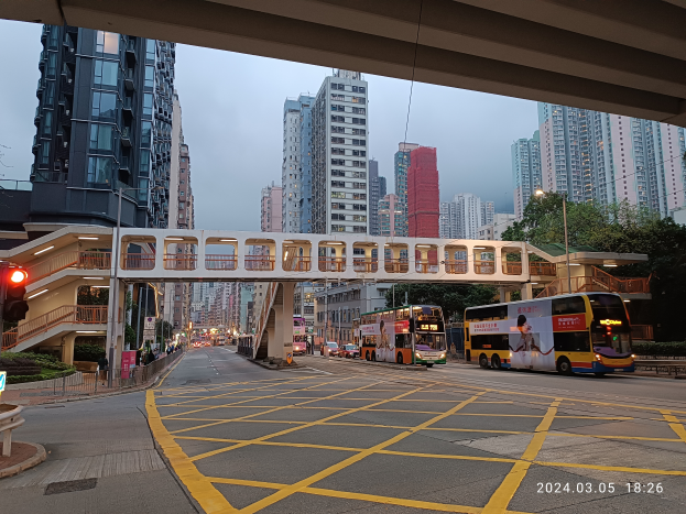 Eine belebte Stadtstraße mit Bussen unter einer Brücke, hohen Gebäuden, Bäumen, Laternen und Ampeln, mit sichtbarem Himmel und einem Wasserzeichen.